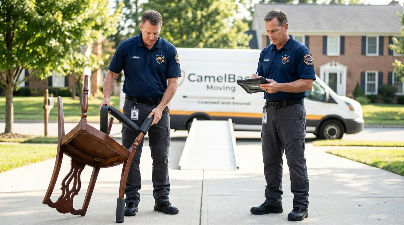 Movers inspecting furniture for damage prevention before loading in Tenino, WA
