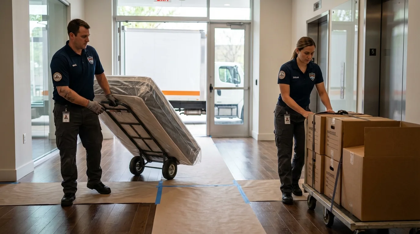 Professional apartment movers loading elevator in Tenino, WA