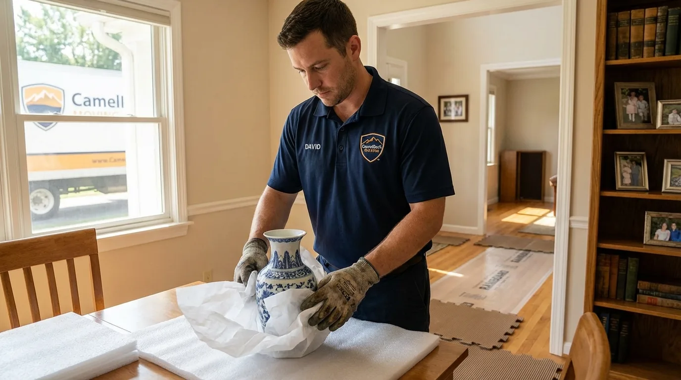 Professional crew carefully wrapping antique vase for senior downsizing move in Tenino, WA